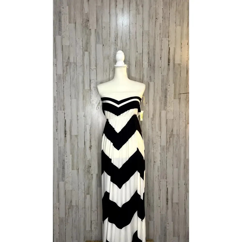 NWT MM MM MM Women's Medium Black & White Strapless Chevron‎ Maxi Dress